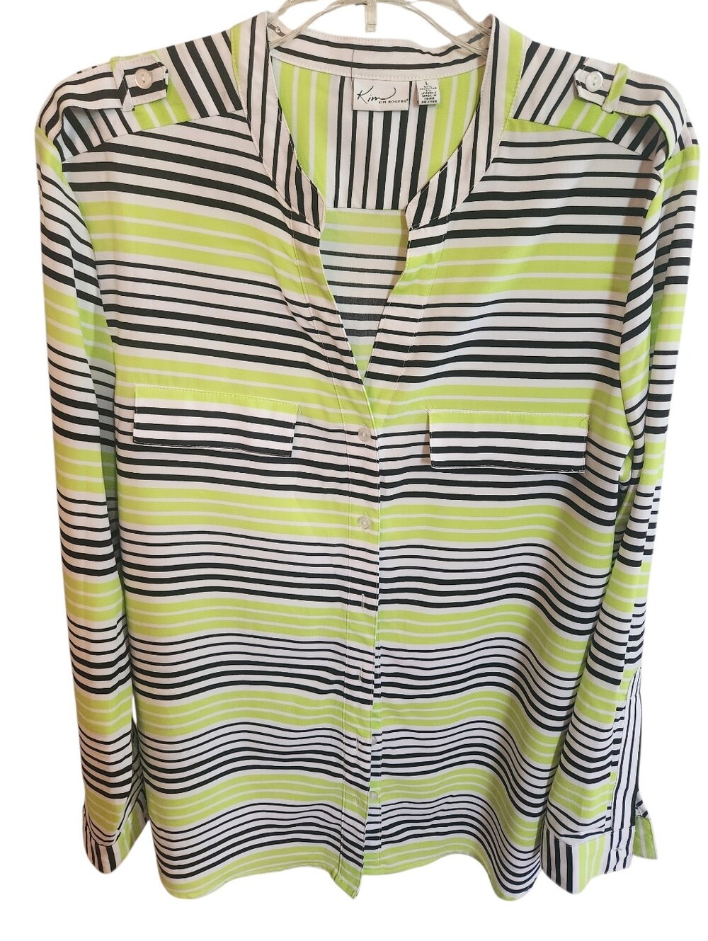 Kim Rogers Striped Button-Front Blouse in Lime and Black Size Large